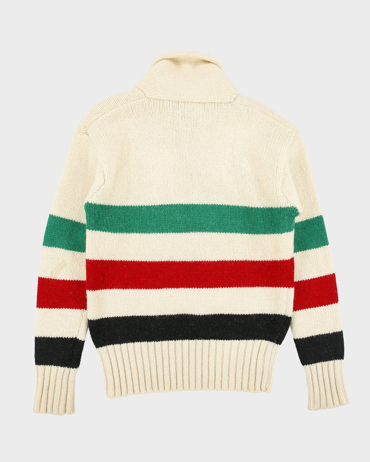 Vintage 1980s Polo Ralph Lauren Wool Hudson Bay Striped Chunky Rib Knit Shawl Neck Jumper - M