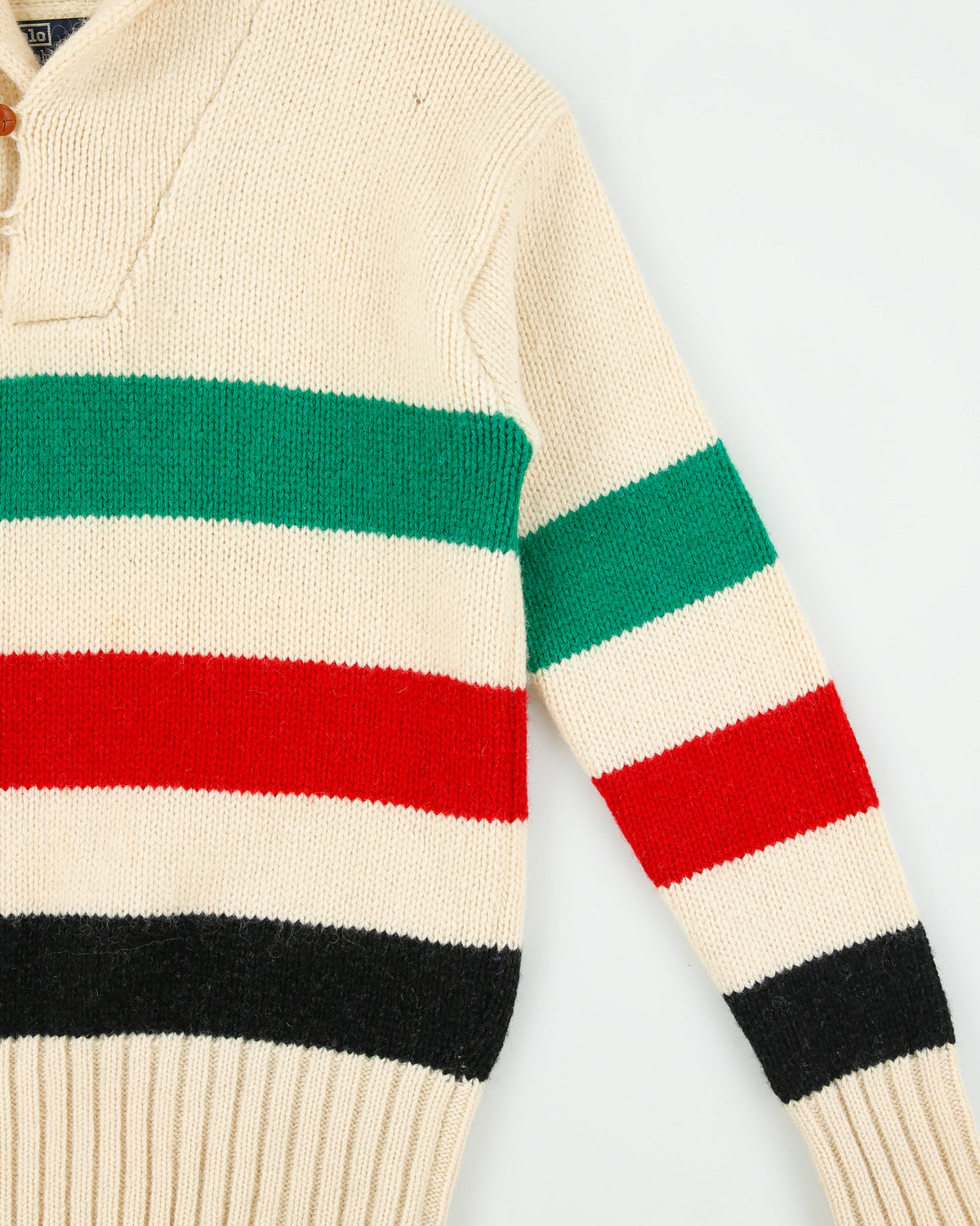Vintage 1980s Polo Ralph Lauren Wool Hudson Bay Striped Chunky Rib Knit Shawl Neck Jumper - M