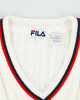 Vintage 1990s Fila Chunky Cable Knit Classic V-Neck Cricket Jumper - L