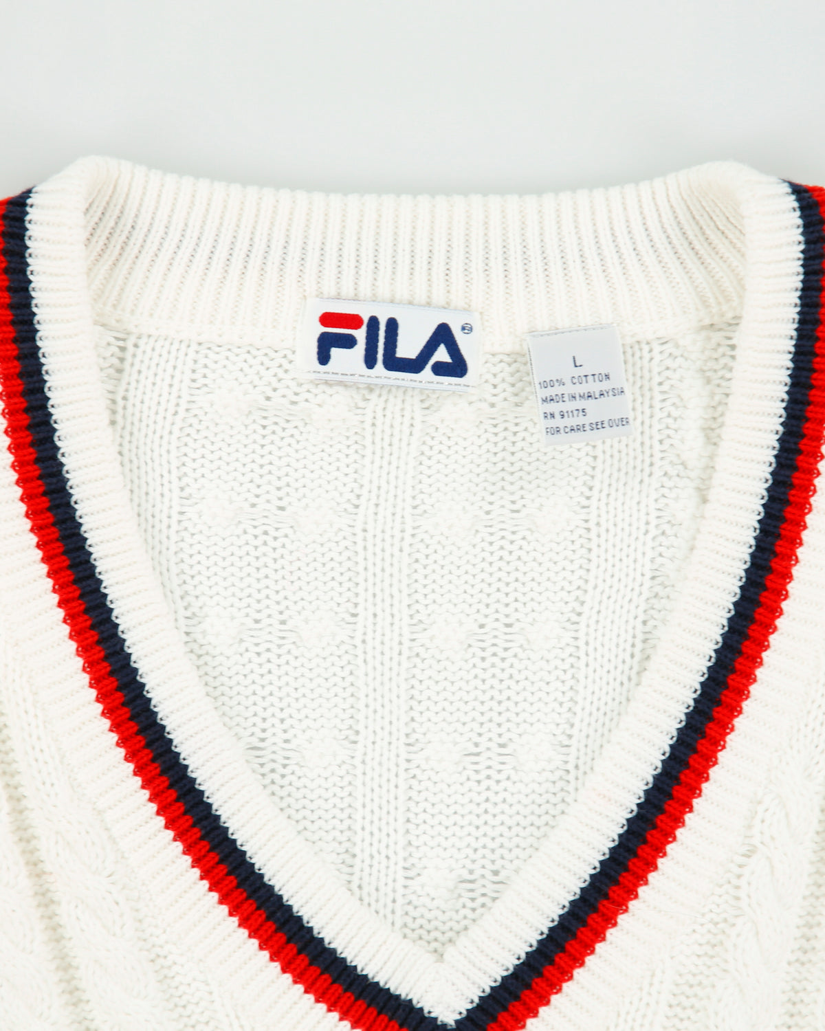 Vintage 1990s Fila Chunky Cable Knit Classic V-Neck Cricket Jumper - L
