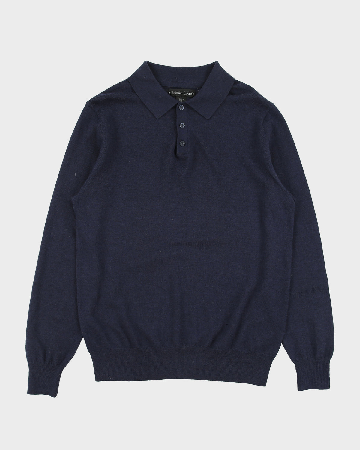 Vintage Christian Lacroix Navy Merino Wool Knit Long Sleeve Polo Jumper - M