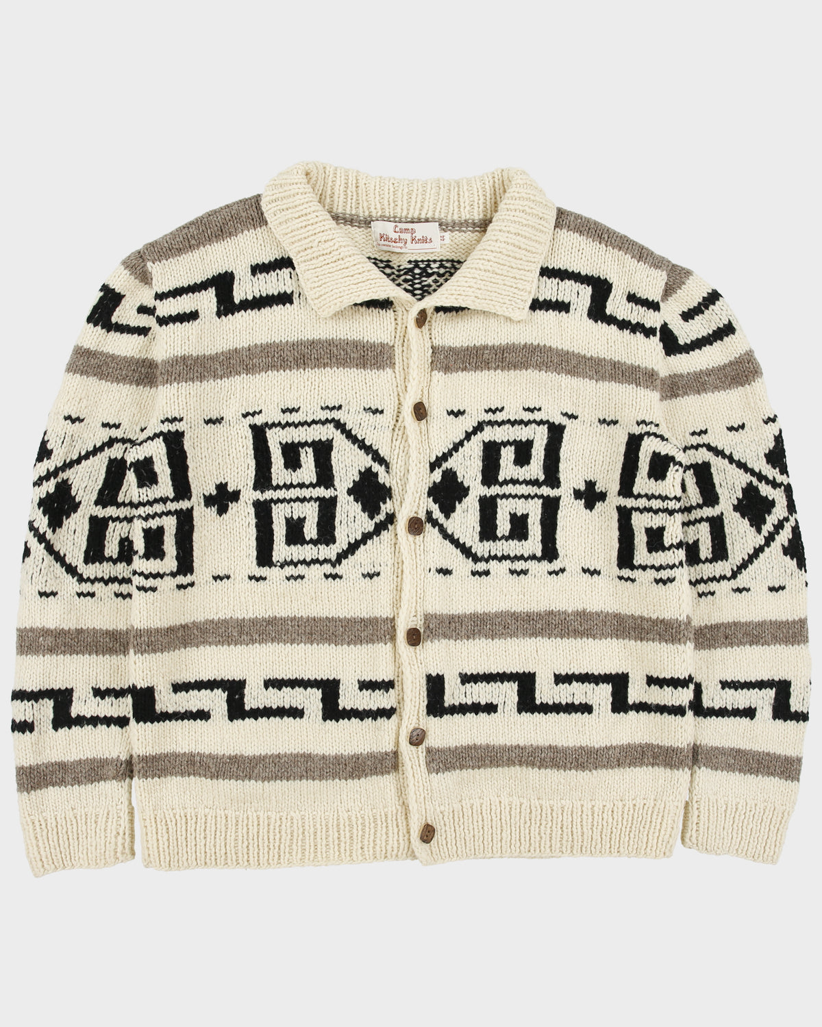 Vintage Camp Kitschy Knits 'Big Lebowski Dude' Handmade In Ecuador Wool Collared Cardigan - L