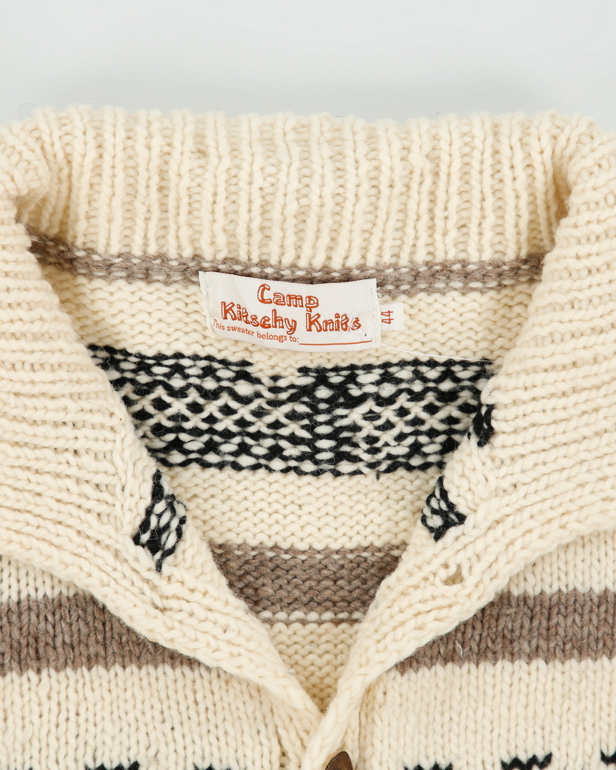 Vintage Camp Kitschy Knits 'Big Lebowski Dude' Handmade In Ecuador Wool Collared Cardigan - L