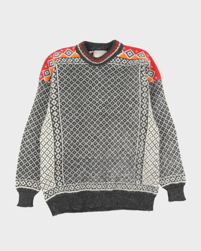 Norwegian Grey Patterned Knitted Jumper - M