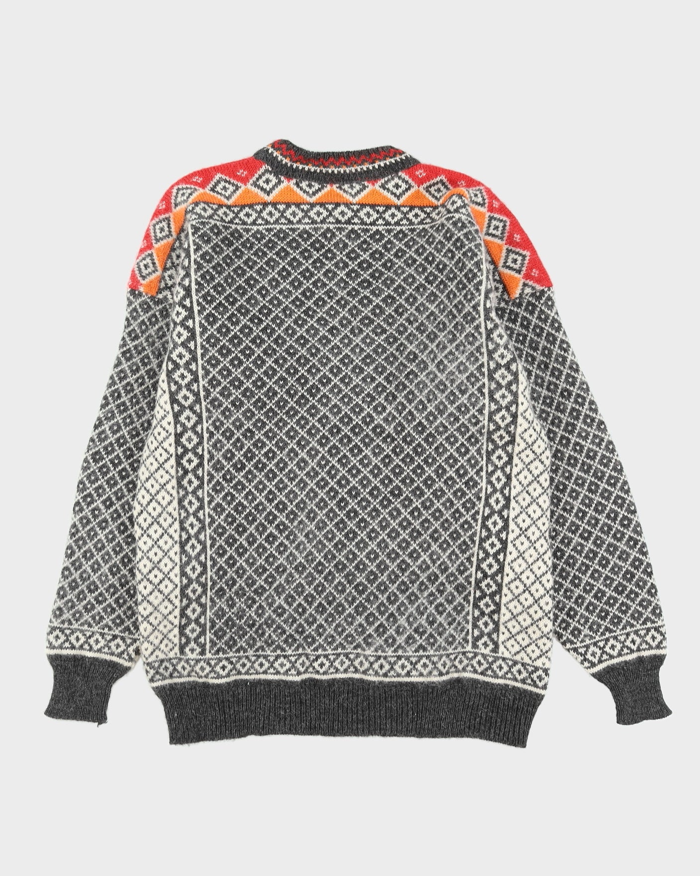 Norwegian Grey Patterned Knitted Jumper - M