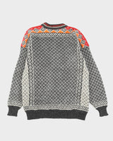 Norwegian Grey Patterned Knitted Jumper - M