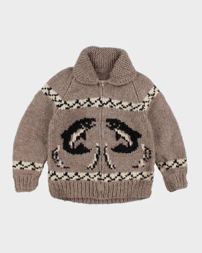 Vintage Handmade Chunky Knit Fish Patterned Zip Up - M