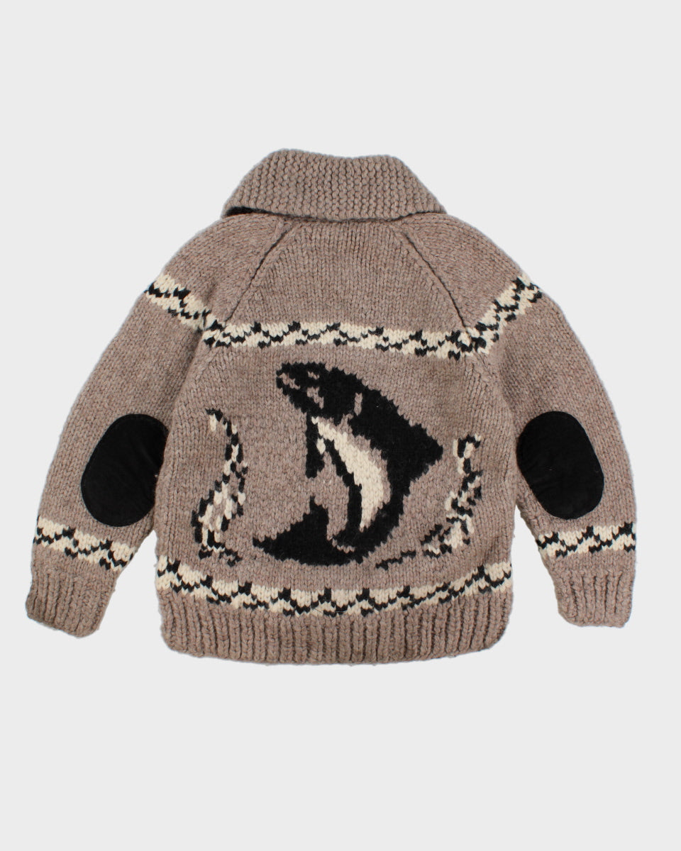 Vintage Handmade Chunky Knit Fish Patterned Zip Up - M