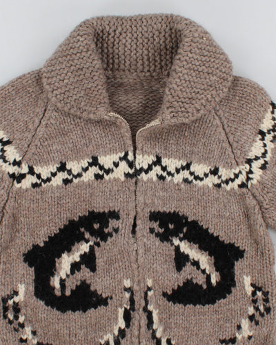 Vintage Handmade Chunky Knit Fish Patterned Zip Up - M