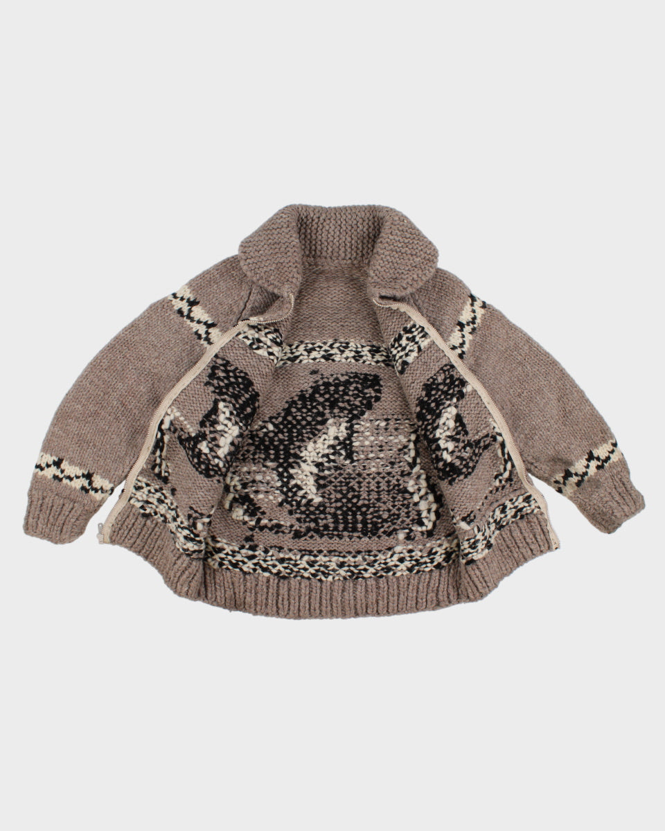 Vintage Handmade Chunky Knit Fish Patterned Zip Up - M