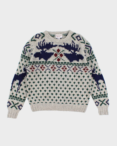 Men's Grey Patterned wool knit sweater - M