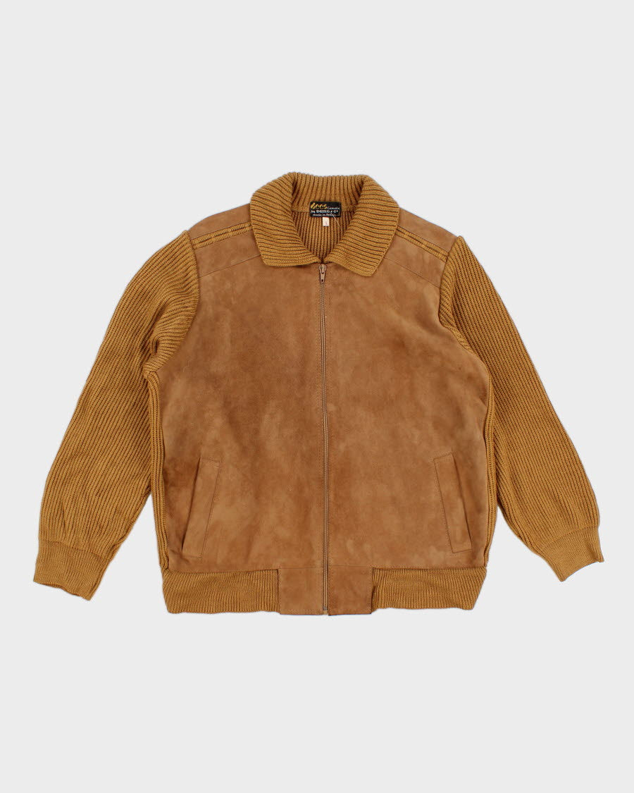 Men's Tan Knit Cardigan With Suede Panels - L