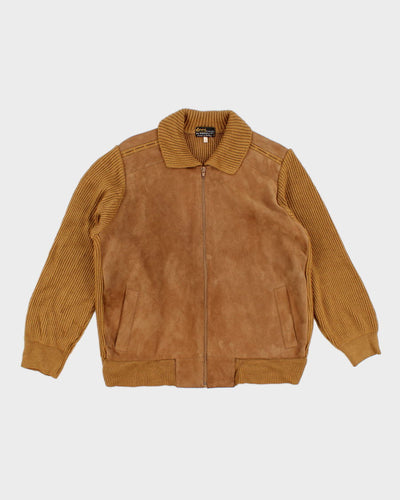Men's Tan Knit Cardigan With Suede Panels - L