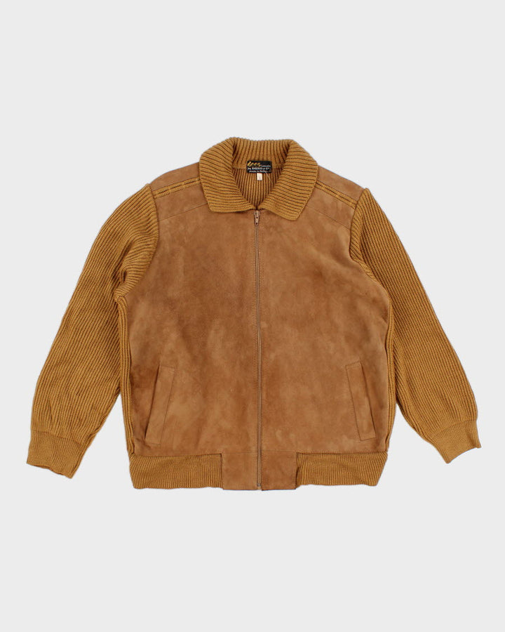 Men's Tan Knit Cardigan With Suede Panels - L