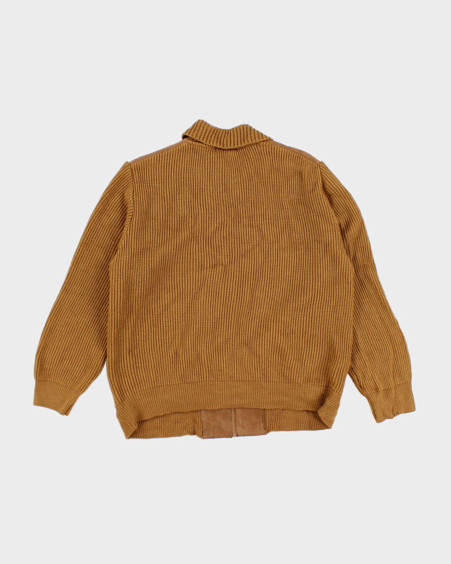 Men's Tan Knit Cardigan With Suede Panels - L
