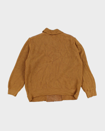 Men's Tan Knit Cardigan With Suede Panels - L