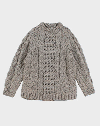 Mens Grey Chunky Cable Knit Wool Sweater - L