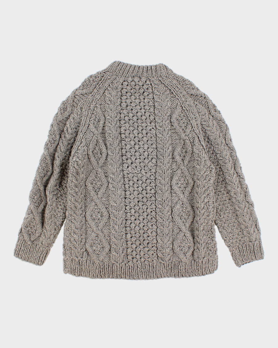 Mens Grey Chunky Cable Knit Wool Sweater - L