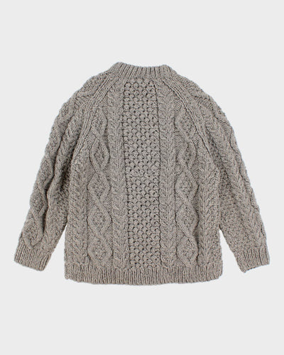 Mens Grey Chunky Cable Knit Wool Sweater - L
