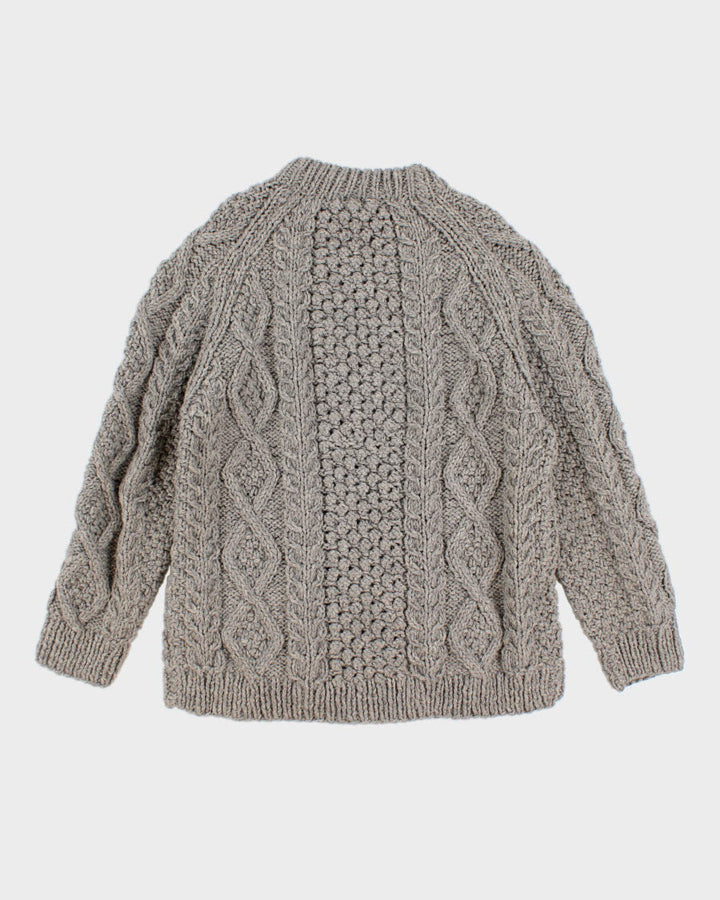 Mens Grey Chunky Cable Knit Wool Sweater - L