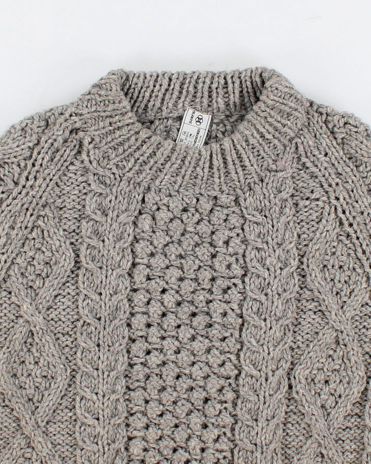 Mens Grey Chunky Cable Knit Wool Sweater - L