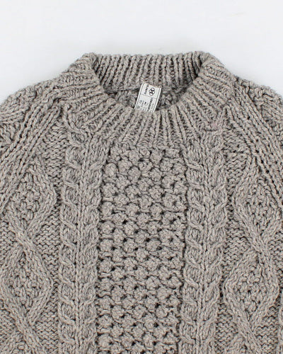 Mens Grey Chunky Cable Knit Wool Sweater - L
