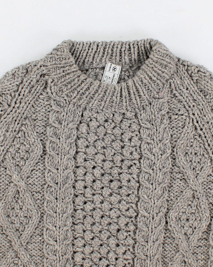 Mens Grey Chunky Cable Knit Wool Sweater - L