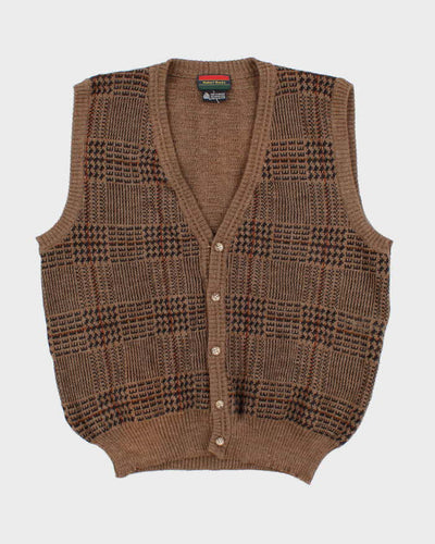 Vintage Patterned Merino Wool Cardigan Vest - L
