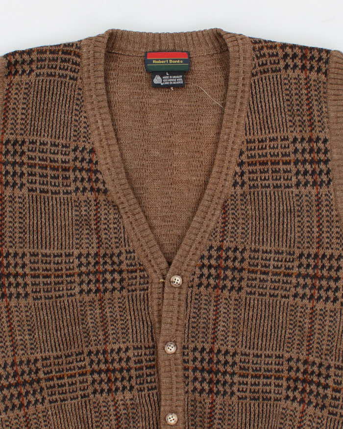 Vintage Patterned Merino Wool Cardigan Vest - L