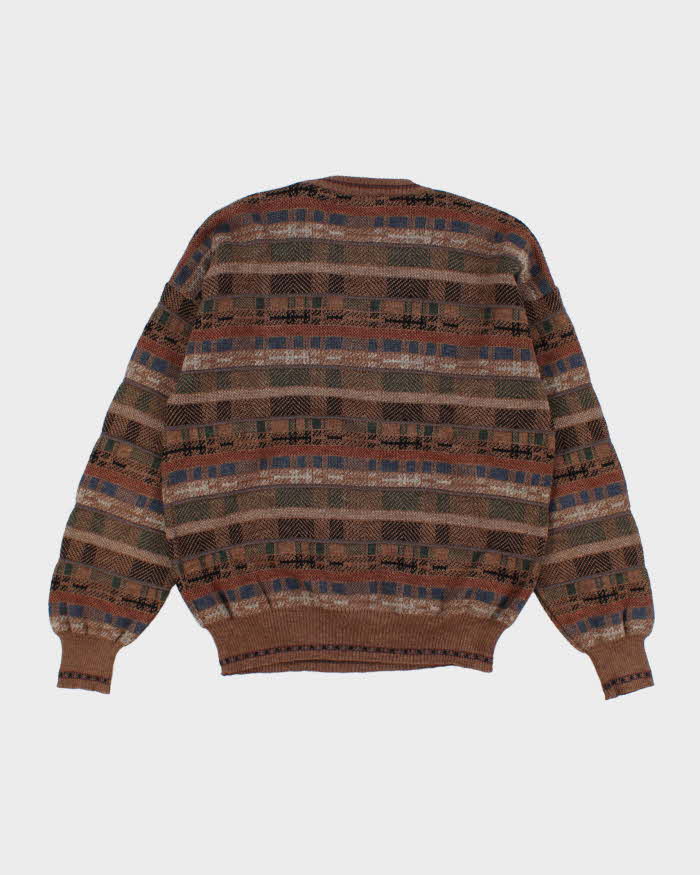 Vintage Men's Brown Patterned Wool Knit Sweater - M