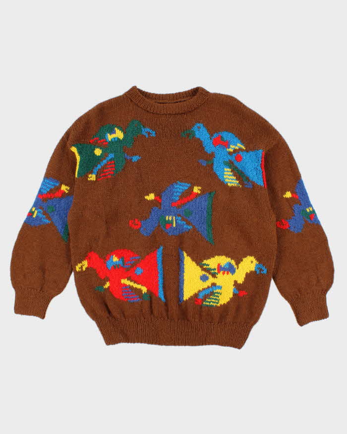 Vintage Mens Nand Brown Handknit Bird Print Sweater - M