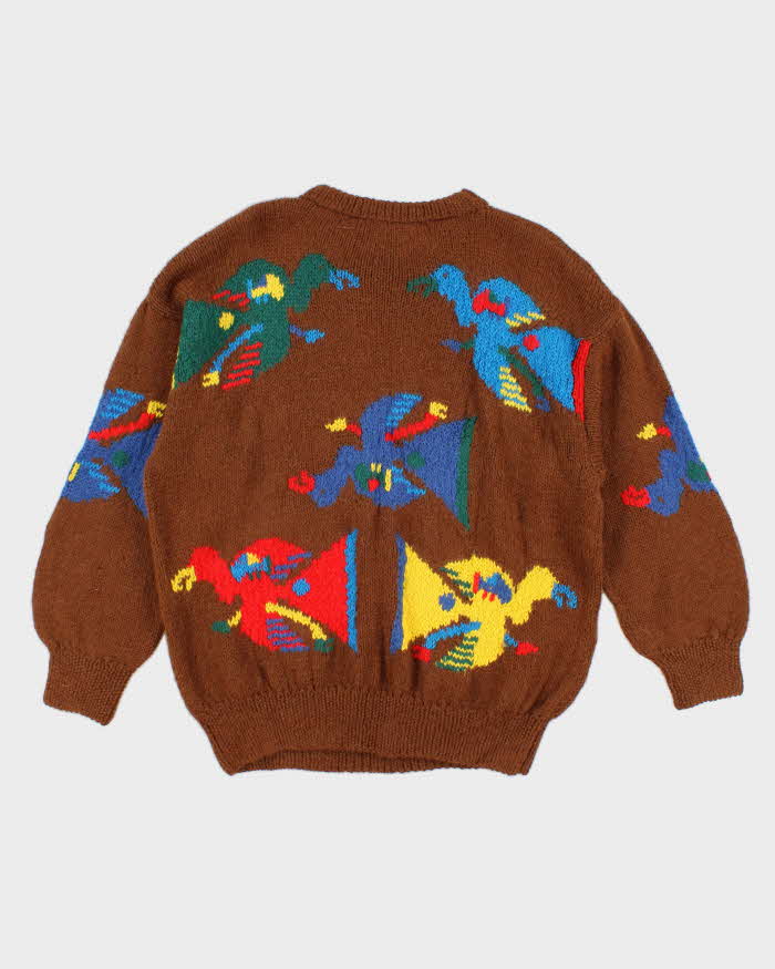 Vintage Mens Nand Brown Handknit Bird Print Sweater - M