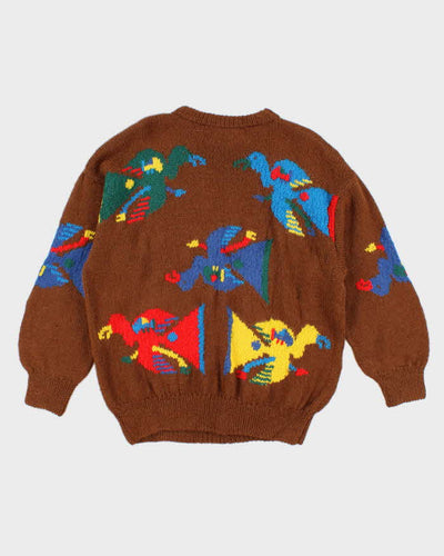 Vintage Mens Nand Brown Handknit Bird Print Sweater - M