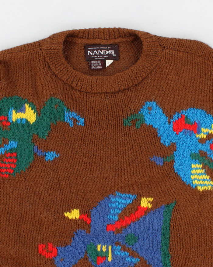 Vintage Mens Nand Brown Handknit Bird Print Sweater - M