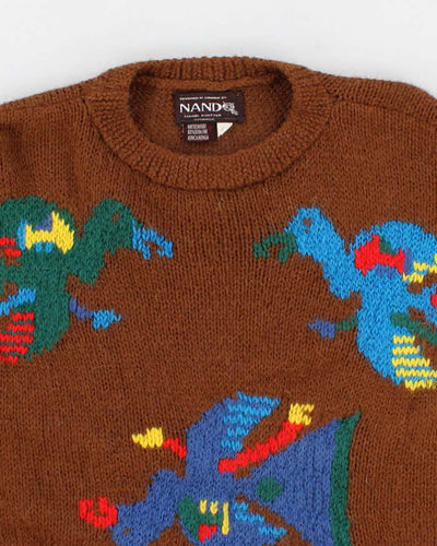Vintage Mens Nand Brown Handknit Bird Print Sweater - M
