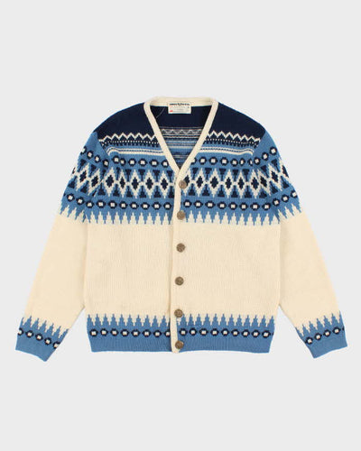 80s Vintage Men's Blue Fair Isle Knit  Wool Cardigan - L