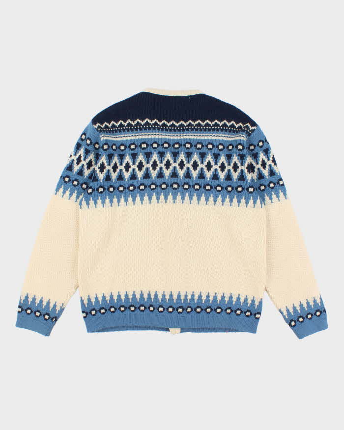 80s Vintage Men's Blue Fair Isle Knit  Wool Cardigan - L