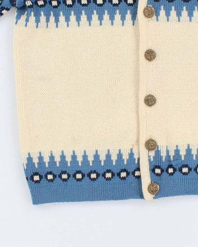 80s Vintage Men's Blue Fair Isle Knit  Wool Cardigan - L
