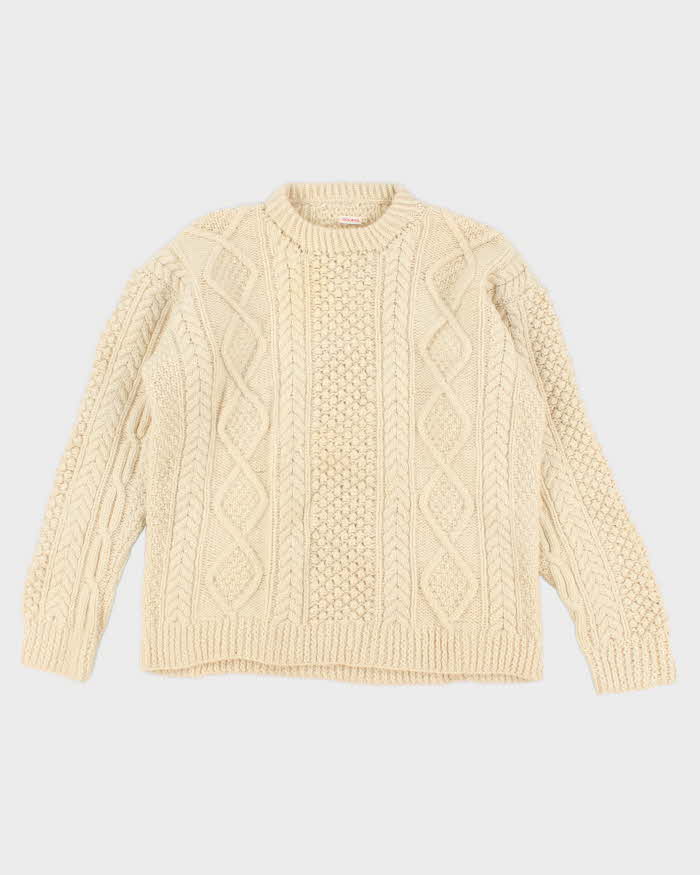 Mens Cream Cable Knit Wool Sweater - S