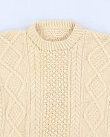 Mens Cream Cable Knit Wool Sweater - S