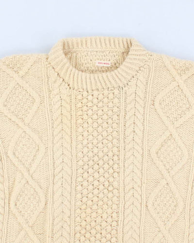 Mens Cream Cable Knit Wool Sweater - S