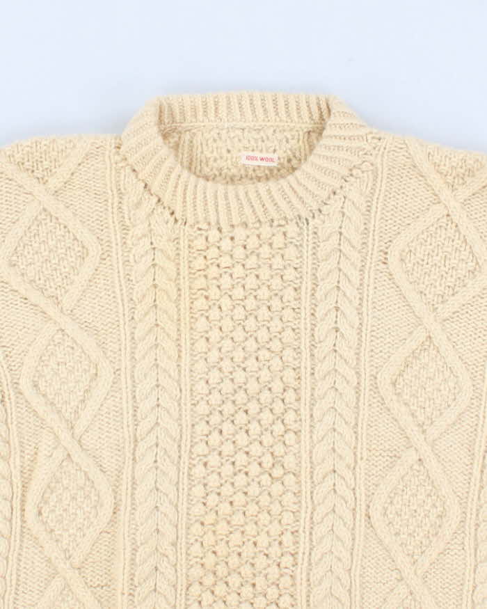 Mens Cream Cable Knit Wool Sweater - S