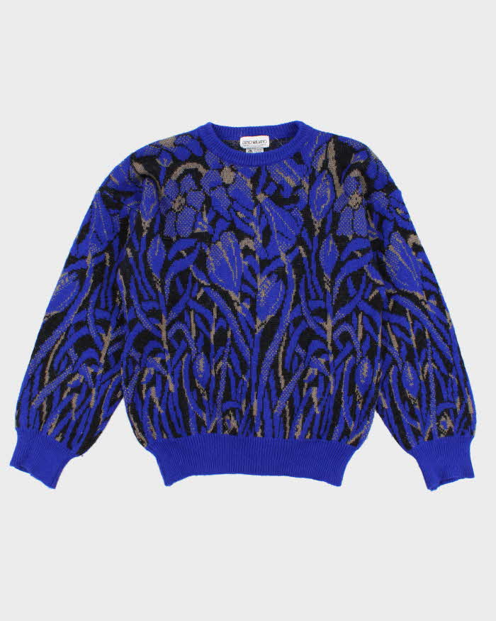 Vintage 80s Men's Blue Patterned Knit Wool sweater - M