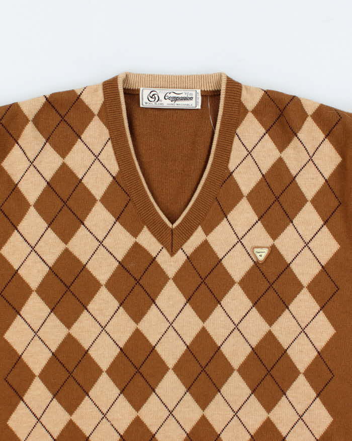 Vintage Men's Brown Argyll Wool Knit Jumper - M
