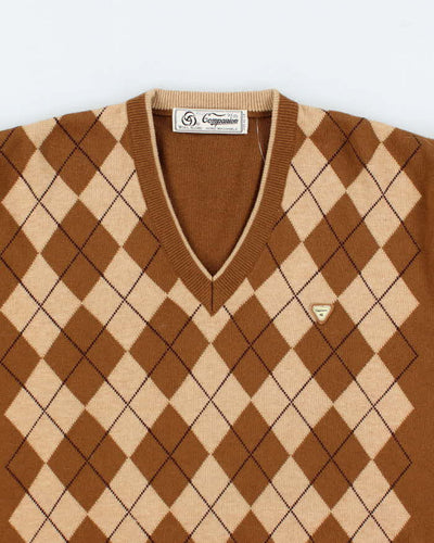 Vintage Men's Brown Argyll Wool Knit Jumper - M