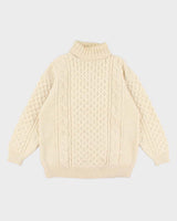 Men's Hand Knit Cable Knit Cream Turtleneck Sweater - M