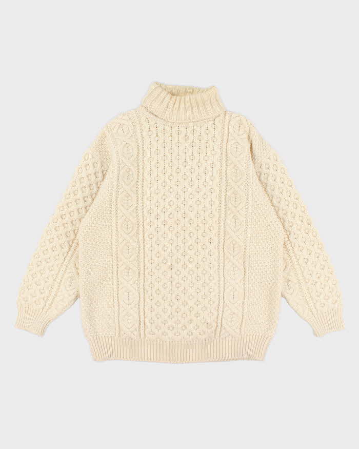 Men's Hand Knit Cable Knit Cream Turtleneck Sweater - M
