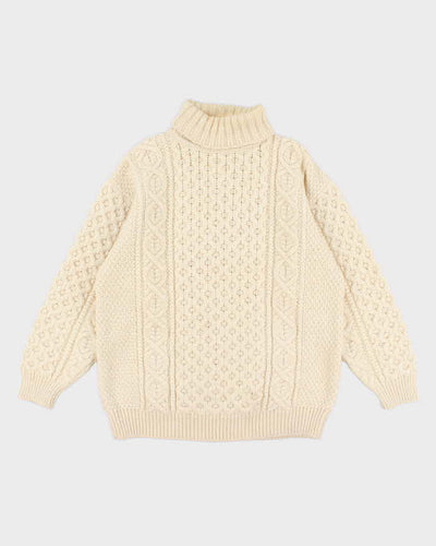 Men's Hand Knit Cable Knit Cream Turtleneck Sweater - M