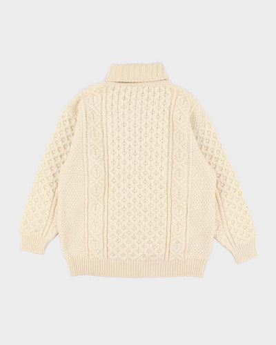 Men's Hand Knit Cable Knit Cream Turtleneck Sweater - M