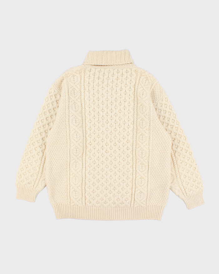 Men's Hand Knit Cable Knit Cream Turtleneck Sweater - M